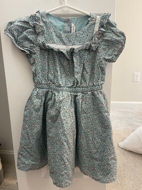 Girls' Blue Floral Cotton Dress with Lace Trim